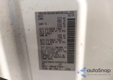 2024 Nissan Rogue Sv Intelligent Awd z USA, uszkodzony, nr VIN 5N1BT3BBXRC694056